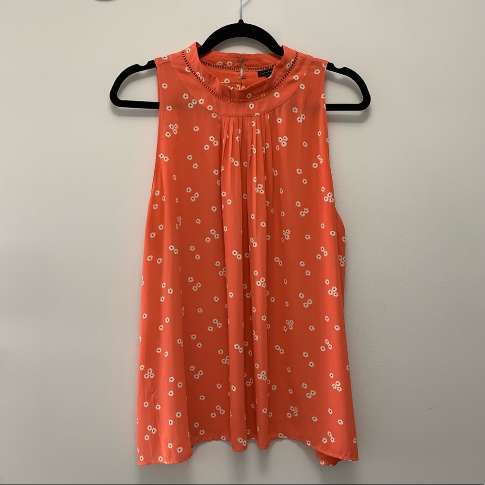 Ann Taylor Orange Sleeveless Blouse with White Floral Pattern